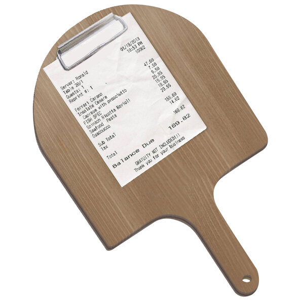 A Menu Solutions weathered walnut wood pizza peel with a receipt on it.