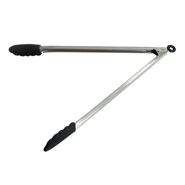 A Tablecraft 16" tongs with black silicone tips and handles.