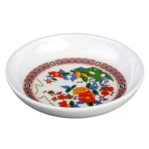 A white bowl with a colorful peacock design.