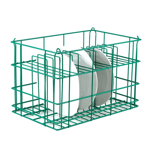 A green Microwire catering plate rack holding white square plates.