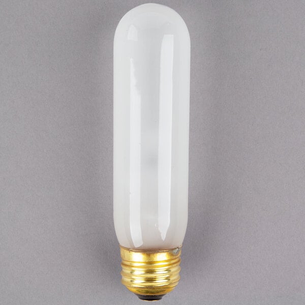 A close up of a Satco frosted light bulb with a gold base.