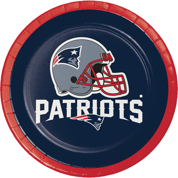 A Creative Converting New England Patriots luncheon paper plate with the Patriots logo on it.