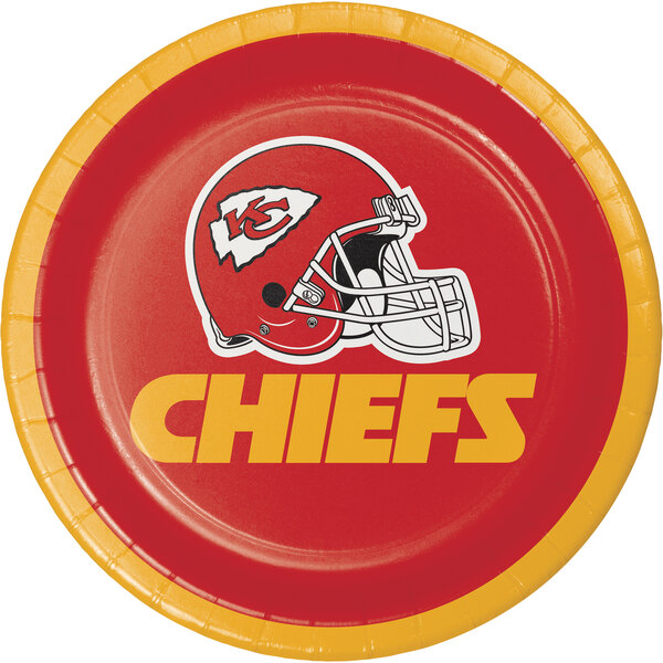 A red and yellow Creative Converting paper plate with the Kansas City Chiefs helmet on it.