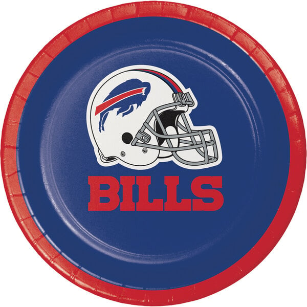 A blue and red Creative Converting paper plate with the Buffalo Bills helmet logo on it.
