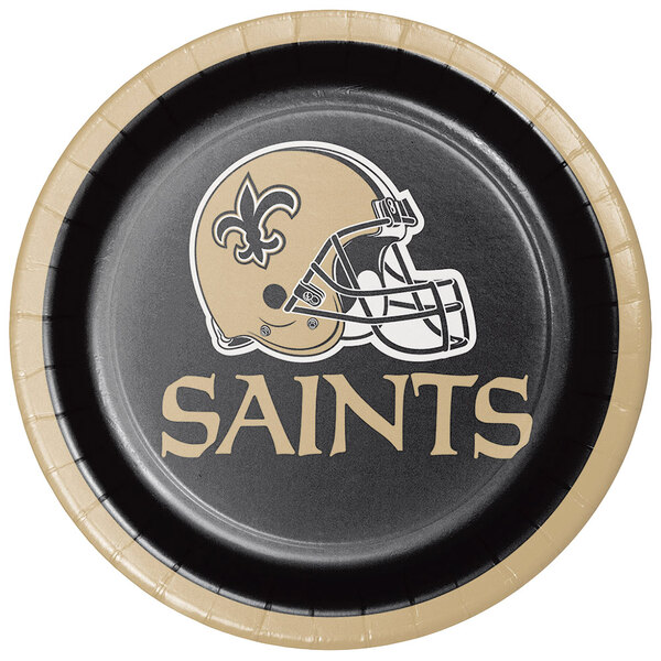 A Creative Converting New Orleans Saints paper plate with a helmet on it.
