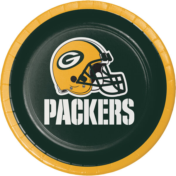 A Green Bay Packers paper plate with a helmet design on it.