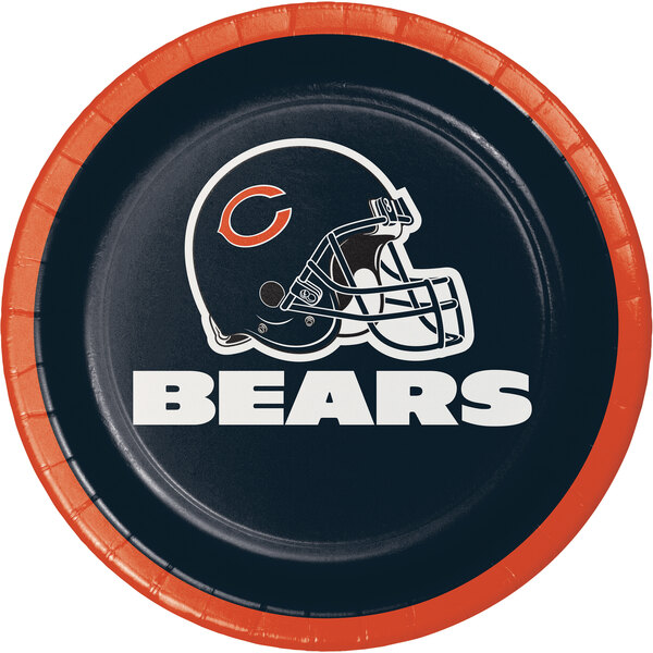 A Creative Converting paper plate with the Chicago Bears logo and helmet on it.