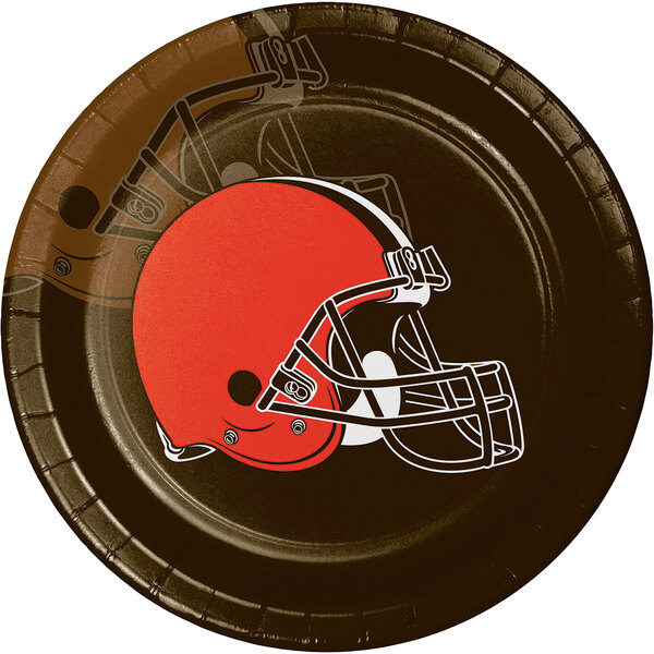 A Creative Converting paper dinner plate with a Cleveland Browns football helmet on it.