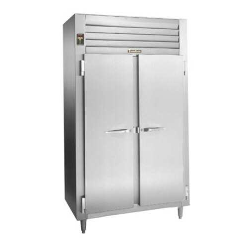 A stainless steel Traulsen reach-in freezer with two solid doors.