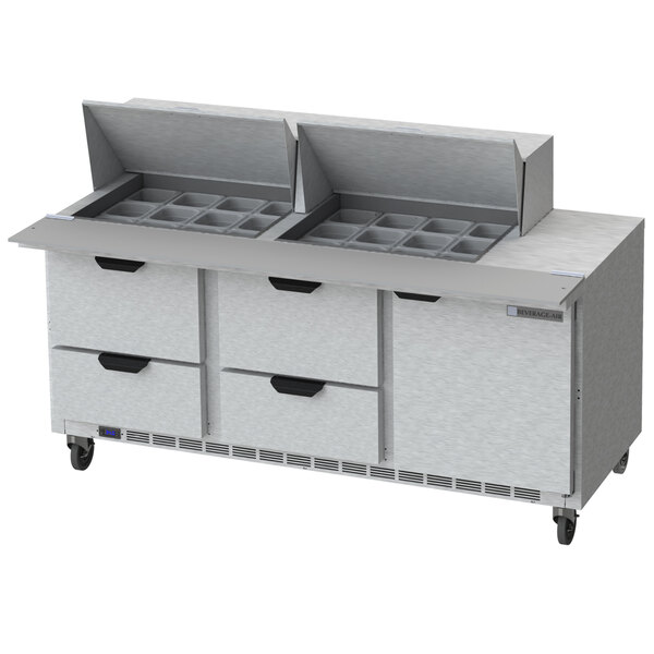 A Beverage-Air stainless steel commercial refrigerated prep table with 4 drawers.