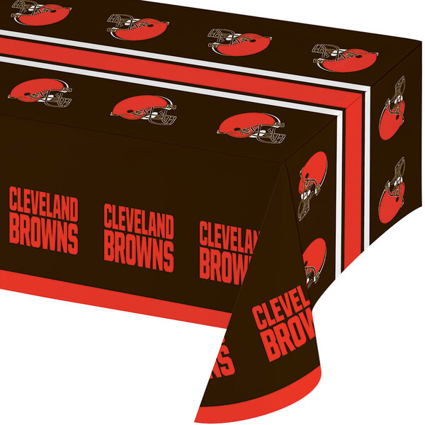 A brown and black Creative Converting Cleveland Browns plastic table cover with red and white text.