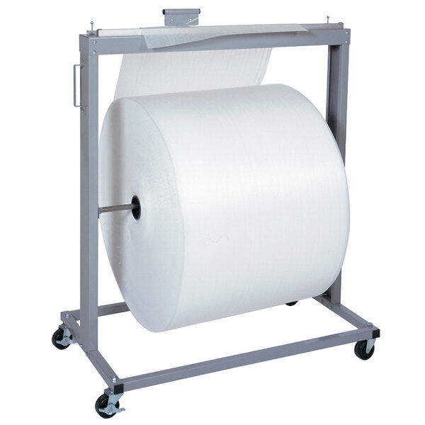 A Bulman Razor-X paper cutter stand holding a large roll of paper.