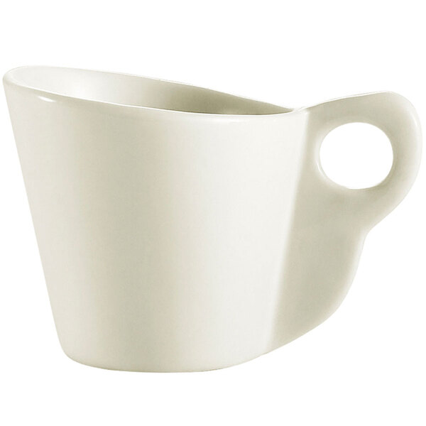A white stoneware coffee cup with a handle.
