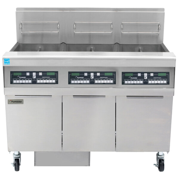 A large stainless steel Frymaster gas floor fryer system with three units.