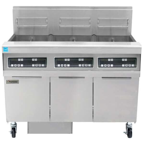 A large stainless steel commercial Frymaster gas fryer system with three drawers.