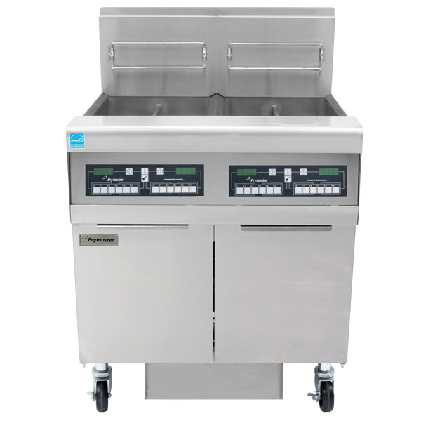 A large commercial Frymaster gas fryer with two stainless steel baskets.