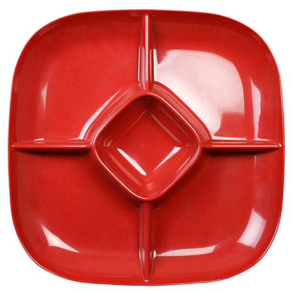 A red square Thunder Group chip and dip platter with four compartments.