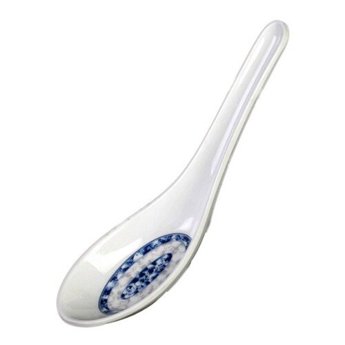 A blue and white Thunder Group Melamine Wonton Soup Spoon with a dragon design.