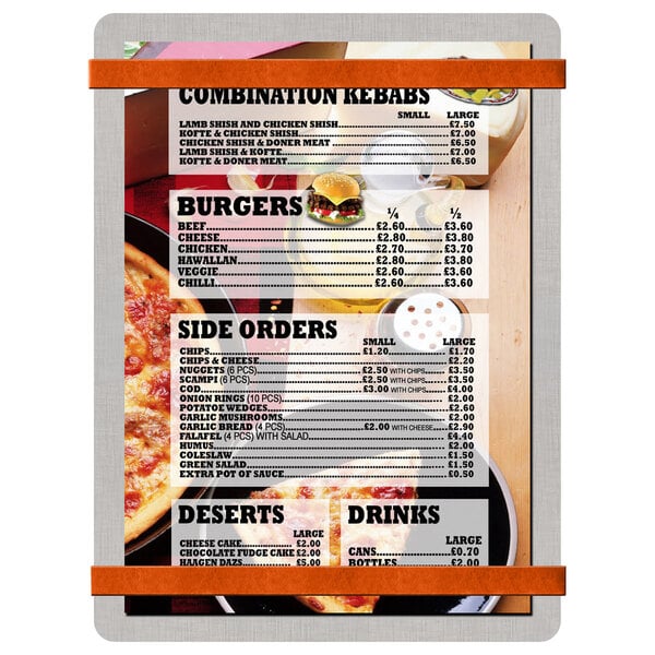 A Menu Solutions brushed aluminum menu board with orange bands and a picture of food.
