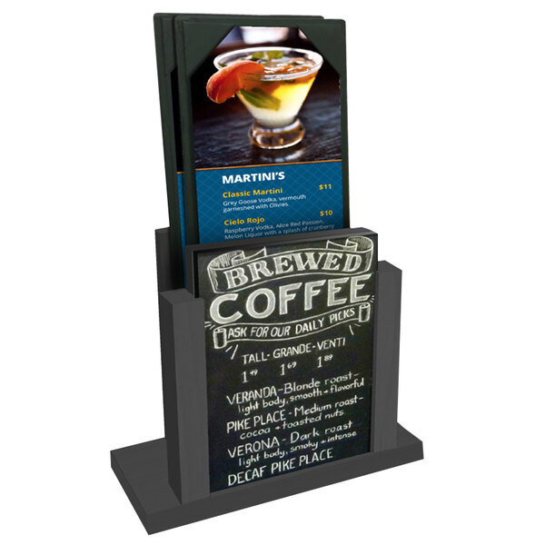 An ash wood menu holder with a chalkboard insert displaying a menu on a counter.