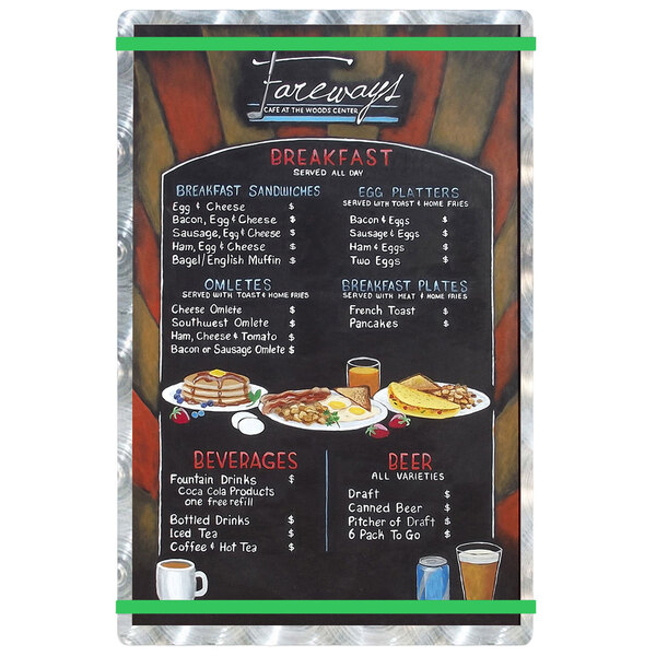 A white Menu Solutions Alumitique aluminum menu board with green bands displaying food items.