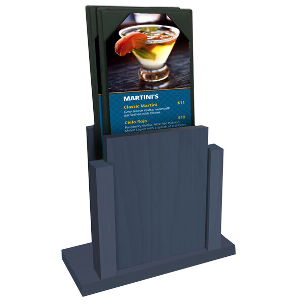 A Menu Solutions wooden menu holder with a menu on a stand.