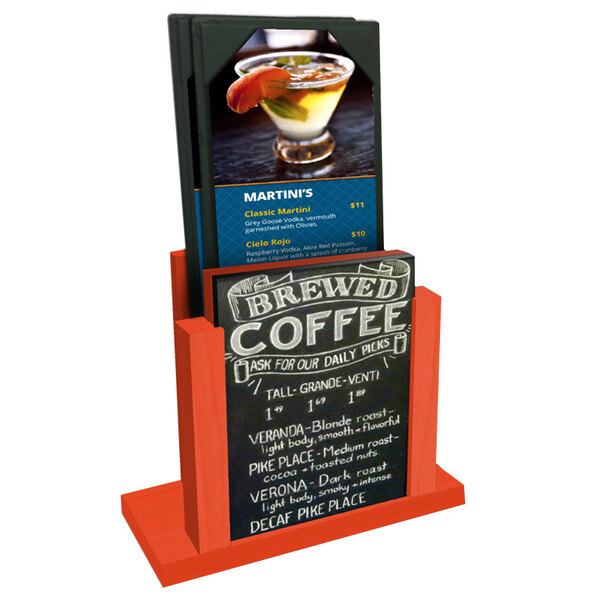A Menu Solutions Mandarin wood menu holder with a chalk board insert displaying a drink menu.