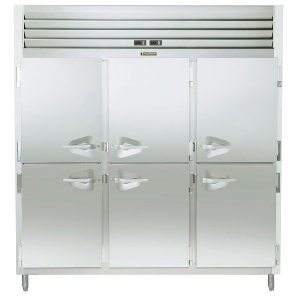 A stainless steel Traulsen narrow reach in refrigerator / freezer with three cabinet doors.