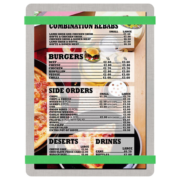 A Menu Solutions customizable brushed aluminum menu board with green bands and a picture of food.