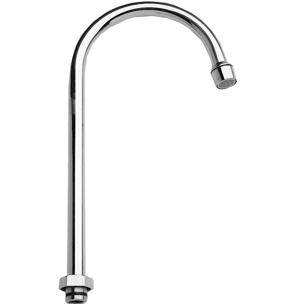 A Fisher stainless steel swivel gooseneck spout on a silver faucet.