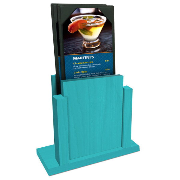 A Sky Blue wooden Menu Solutions holder with a menu on a stand.