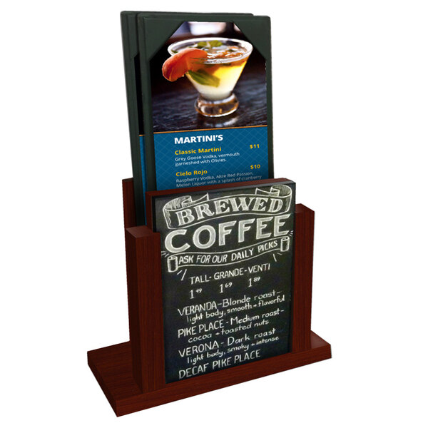 A mahogany wood menu holder with a chalkboard insert displaying a drink menu.