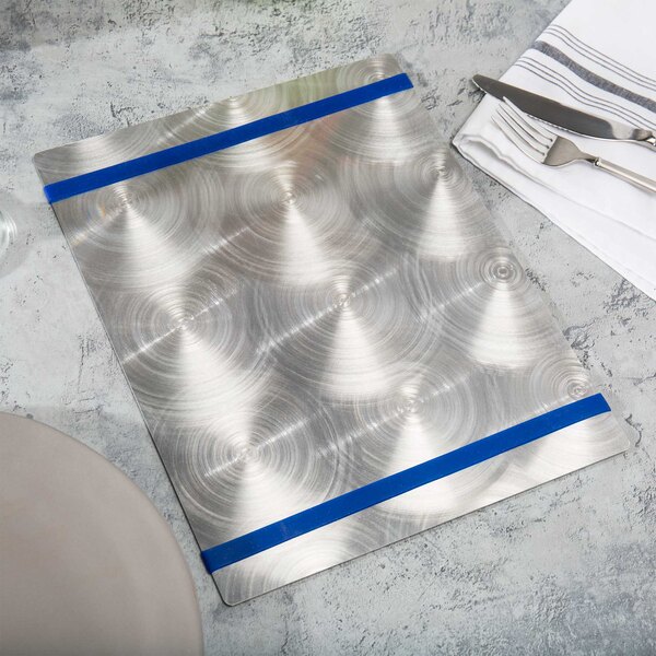 A customizable silver aluminum menu board with navy bands on it.