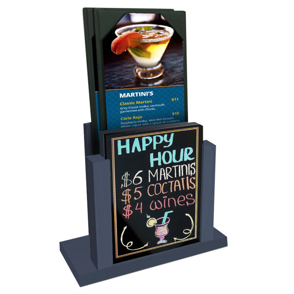 A Menu Solutions denim wood table tent with a wet erase board displaying a drink menu on a counter.
