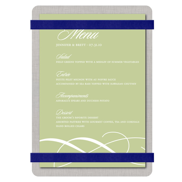 A Menu Solutions Alumitique menu board with navy bands on a white background.