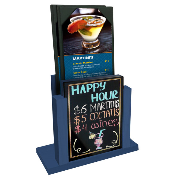 A Menu Solutions wood table tent with a wet erase board displaying a drink menu.