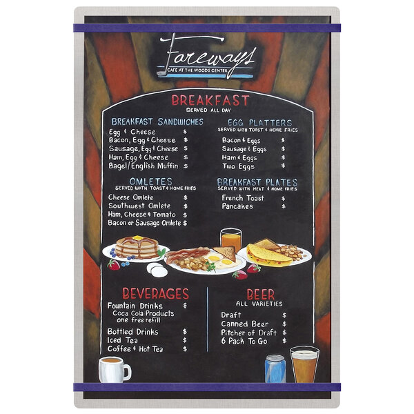 A Menu Solutions Alumitique menu board with navy bands displaying food.