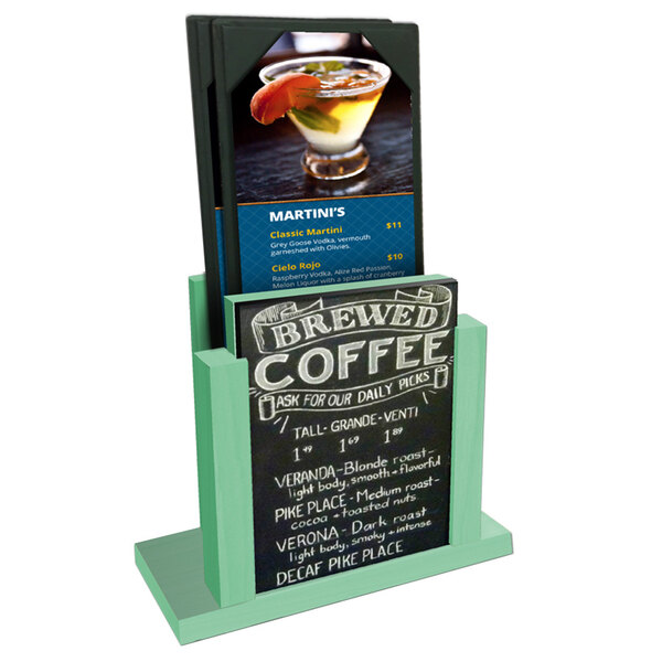 A Menu Solutions teal wood chalkboard menu holder on a counter.
