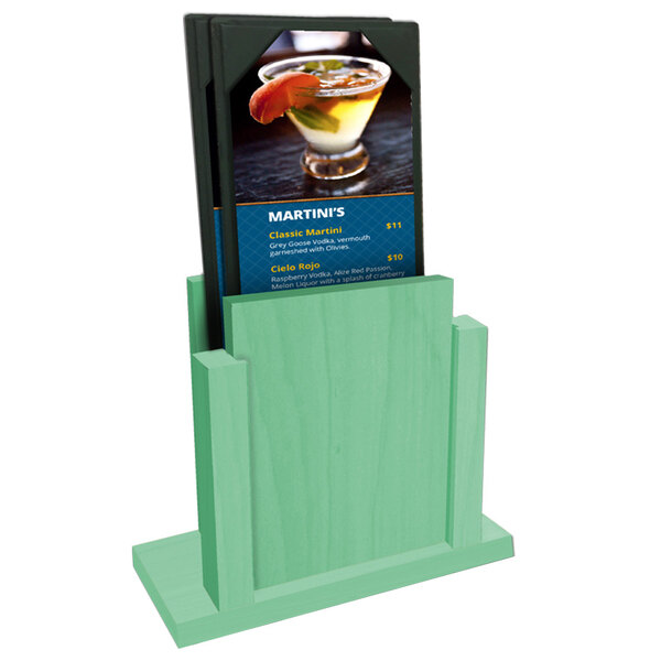 A teal wooden Menu Solutions holder on a table with menus inside.