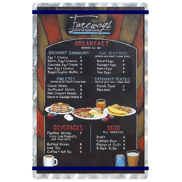 A Menu Solutions Alumitique menu board with navy bands and food on it.