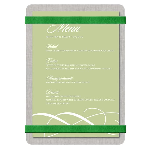 A Menu Solutions aluminum menu board with green bands on it.