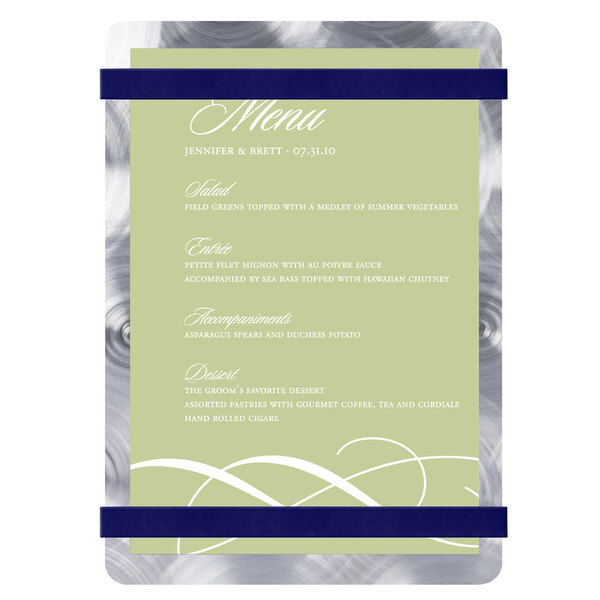 A white menu card with navy blue bands and customizable text on a silver swirl design.