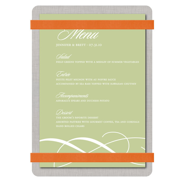 A Menu Solutions Alumitique menu board with orange bands holding a white menu card.
