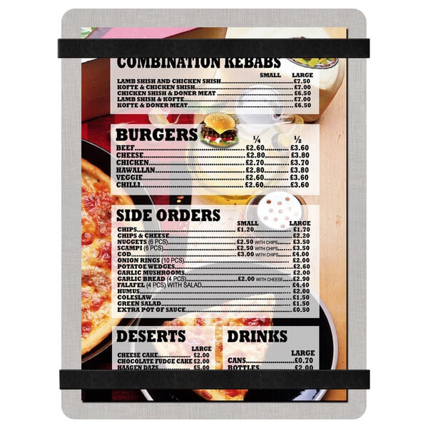 A Menu Solutions customizable brushed aluminum menu board with black bands with a menu and price list on it.