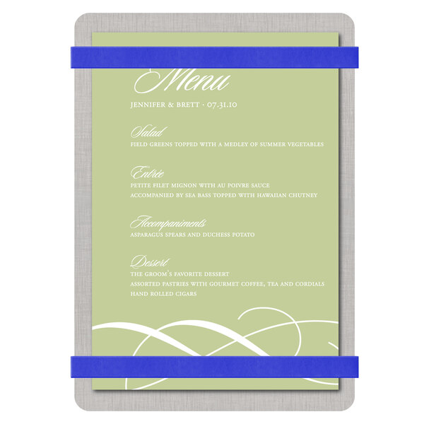 A Menu Solutions Alumitique menu board with royal blue bands holding a menu card with a blue band.