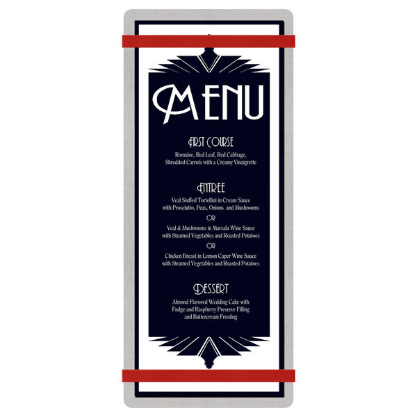 A Menu Solutions Alumitique menu board with red straps.