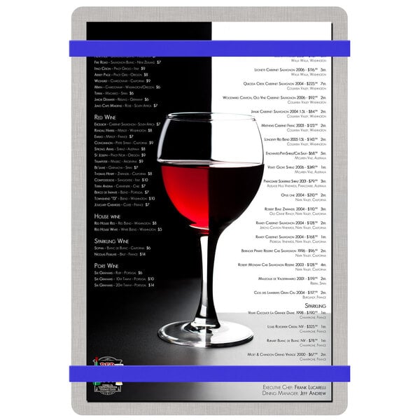 A Menu Solutions Alumitique menu board with royal blue bands on a wine glass.