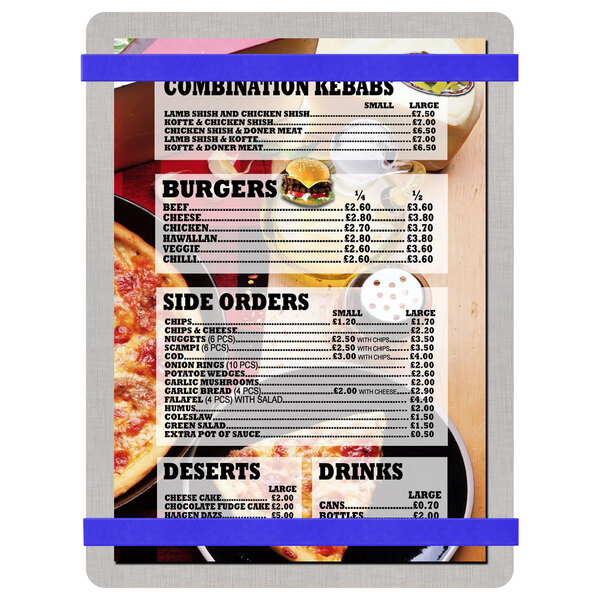 A Menu Solutions Alumitique menu board with blue bands on a table.