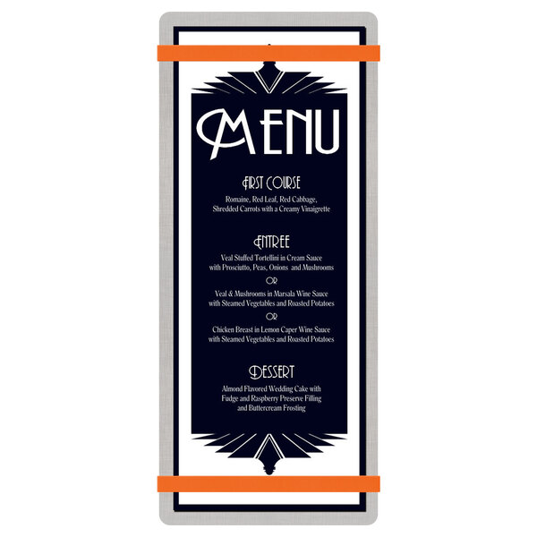 A Menu Solutions Alumitique menu board with white background and orange bands.
