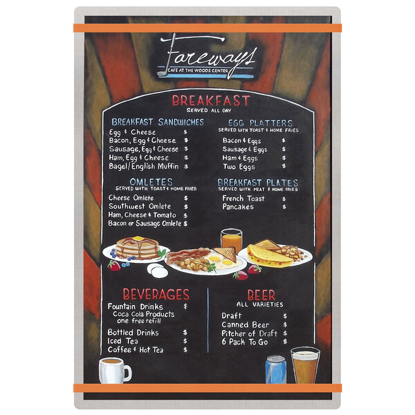 A Menu Solutions Alumitique menu board with orange bands on a white background.